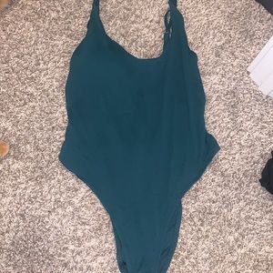One piece teal open back swimsuit